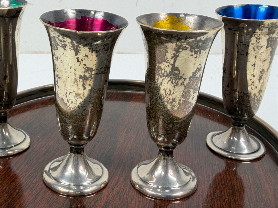 Four Vintage Alvin Sterling Silver Cordial Glasses with Baked Enamel Lining On A Decorative Wooden Tray With Silver Trim S-246 2.75'H / 6.5'W - Cups Weigh 73.1g / Tray Weighs 140.3g [Photo 5]