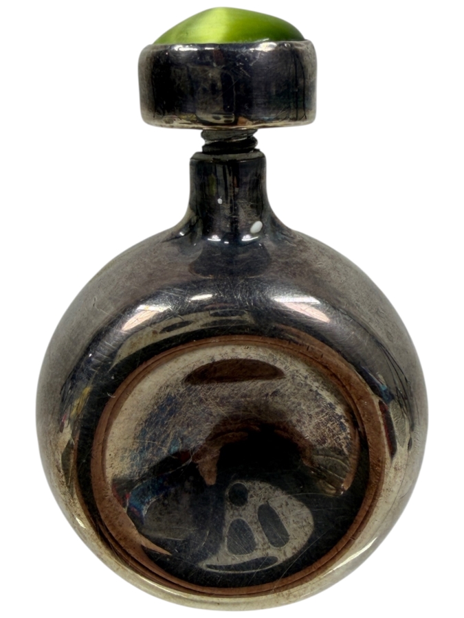 Vintage Modernist Sterling Silver Miniature Perfume Bottle With Green Gemstone Accent 25.5g