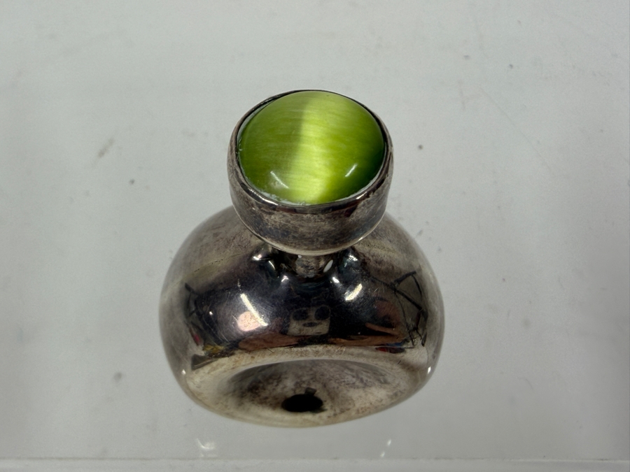 Vintage Modernist Sterling Silver Miniature Perfume Bottle With Green Gemstone Accent 25.5g [Photo 3]