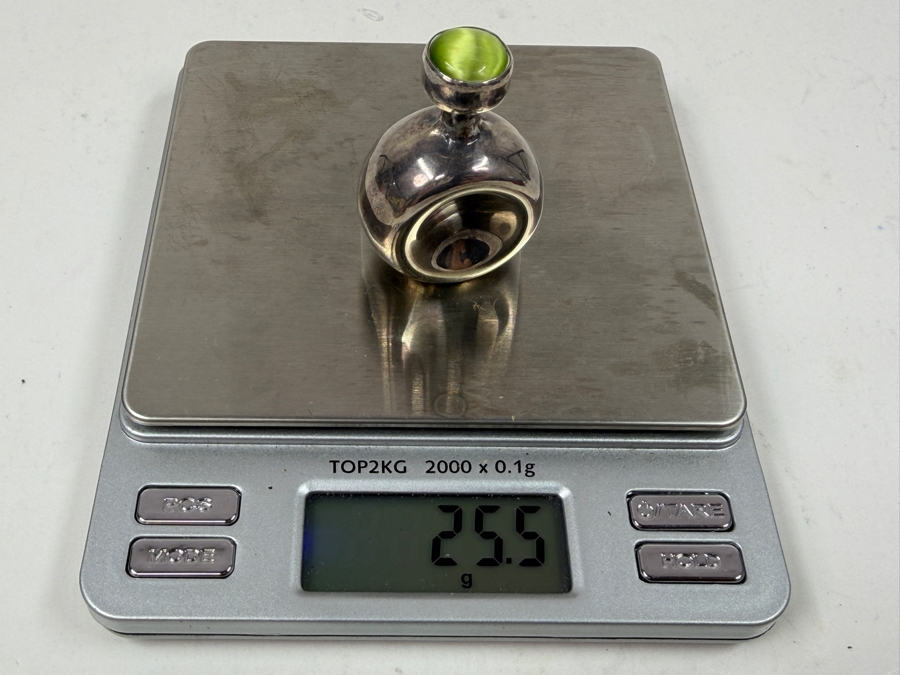 Vintage Modernist Sterling Silver Miniature Perfume Bottle With Green Gemstone Accent 25.5g [Photo 5]