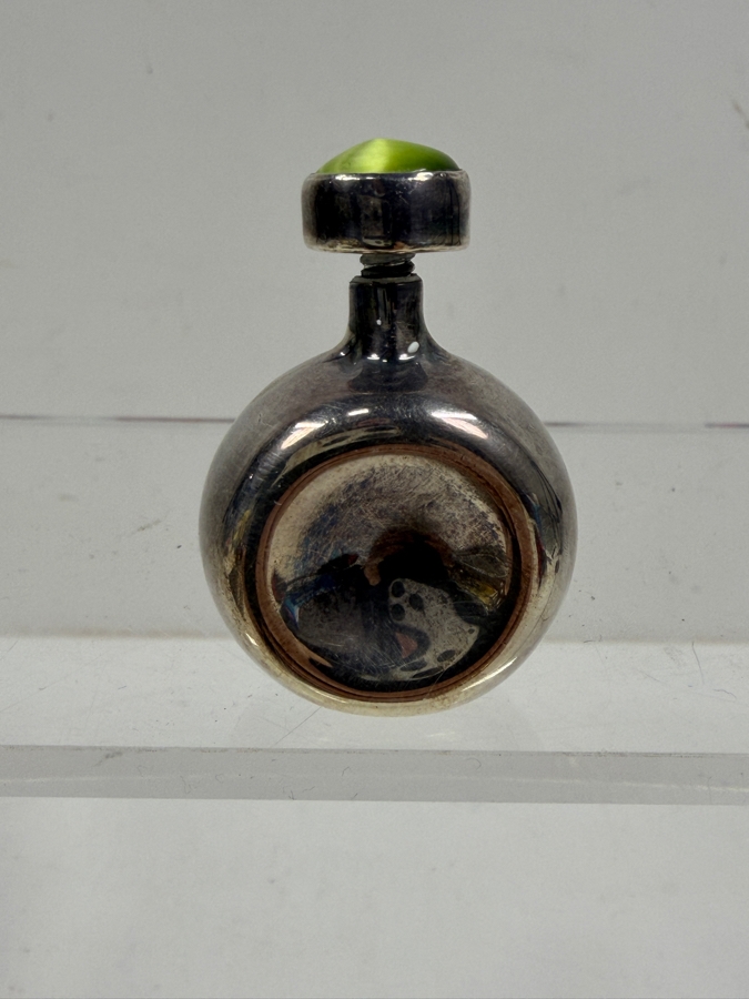 Vintage Modernist Sterling Silver Miniature Perfume Bottle With Green Gemstone Accent 25.5g [Photo 2]