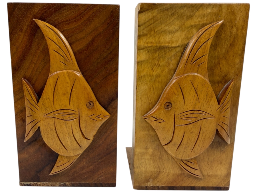 Pair Of Vintage Carved Wooden Angelfish Bookends With Hawaiian Script Signature 4'W X 7'H