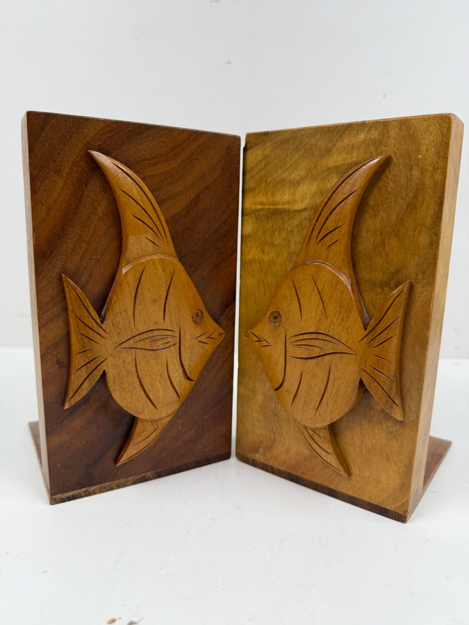 Pair Of Vintage Carved Wooden Angelfish Bookends With Hawaiian Script Signature 4'W X 7'H [Photo 2]