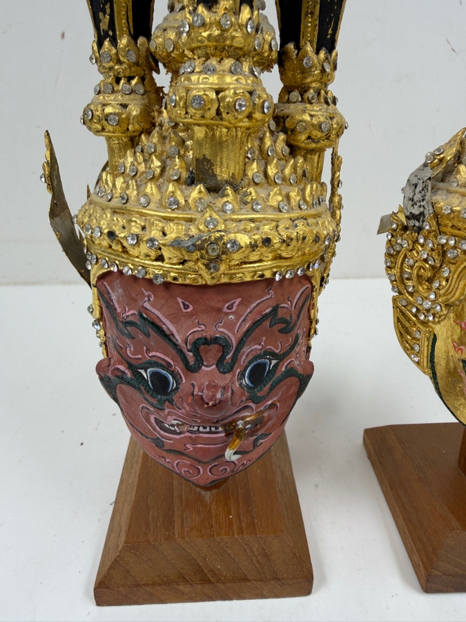 Pair Of Ornate Small Traditional Thai Khon Masks Featuring Jeweled Crowns And Fangs Mounted On Wooden Display Stands 10'H [Photo 4]