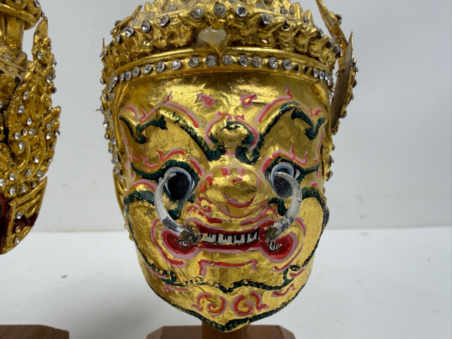 Pair Of Ornate Small Traditional Thai Khon Masks Featuring Jeweled Crowns And Fangs Mounted On Wooden Display Stands 10'H [Photo 7]