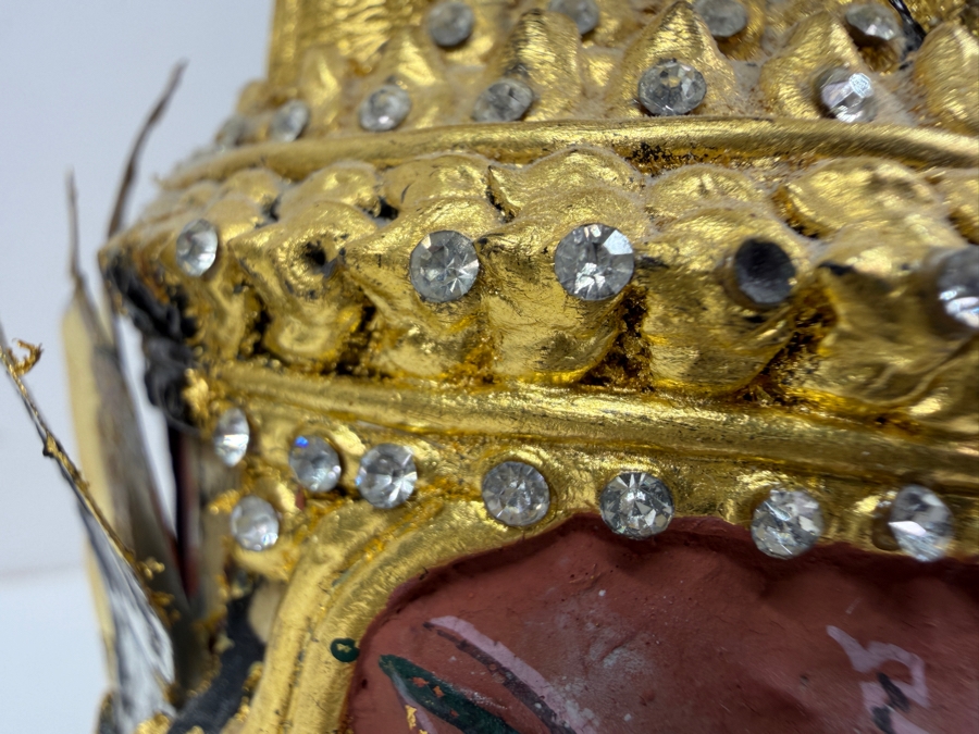 Pair Of Ornate Small Traditional Thai Khon Masks Featuring Jeweled Crowns And Fangs Mounted On Wooden Display Stands 10'H [Photo 10]
