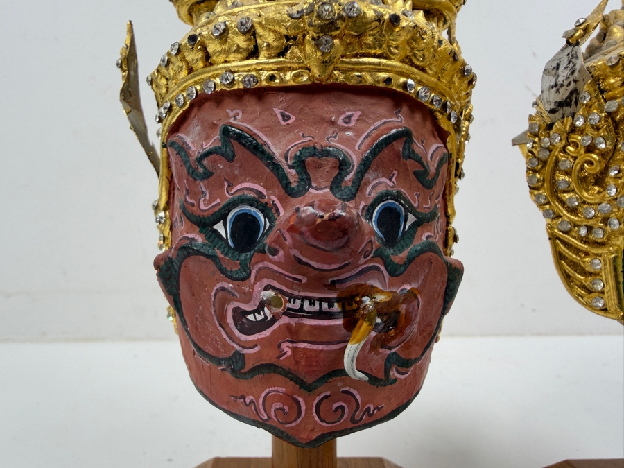 Pair Of Ornate Small Traditional Thai Khon Masks Featuring Jeweled Crowns And Fangs Mounted On Wooden Display Stands 10'H [Photo 6]