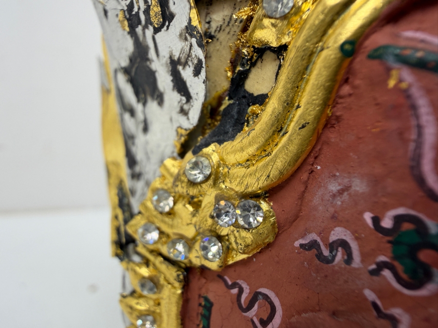 Pair Of Ornate Small Traditional Thai Khon Masks Featuring Jeweled Crowns And Fangs Mounted On Wooden Display Stands 10'H [Photo 8]