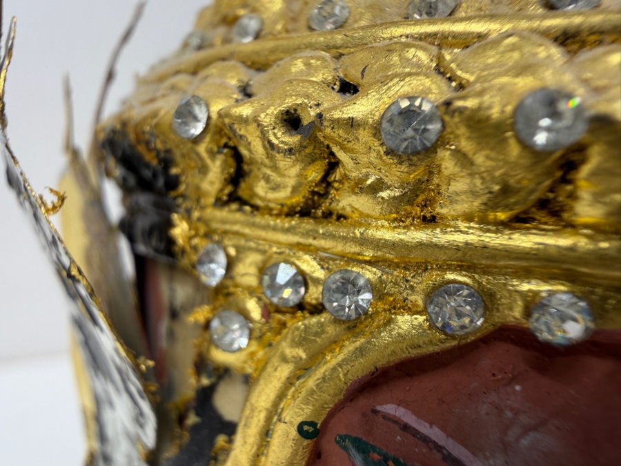 Pair Of Ornate Small Traditional Thai Khon Masks Featuring Jeweled Crowns And Fangs Mounted On Wooden Display Stands 10'H [Photo 9]