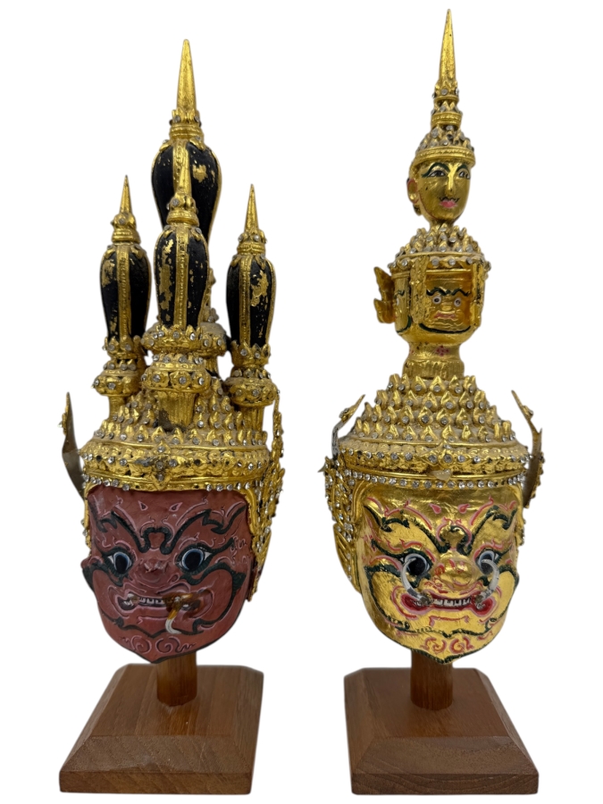 Pair Of Ornate Small Traditional Thai Khon Masks Featuring Jeweled Crowns And Fangs Mounted On Wooden Display Stands 10'H