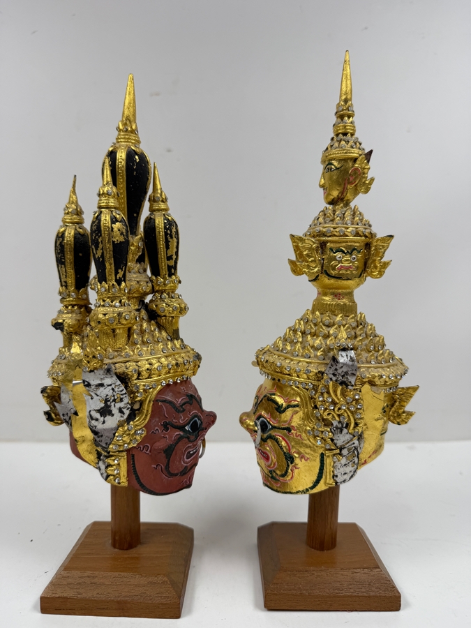 Pair Of Ornate Small Traditional Thai Khon Masks Featuring Jeweled Crowns And Fangs Mounted On Wooden Display Stands 10'H [Photo 11]