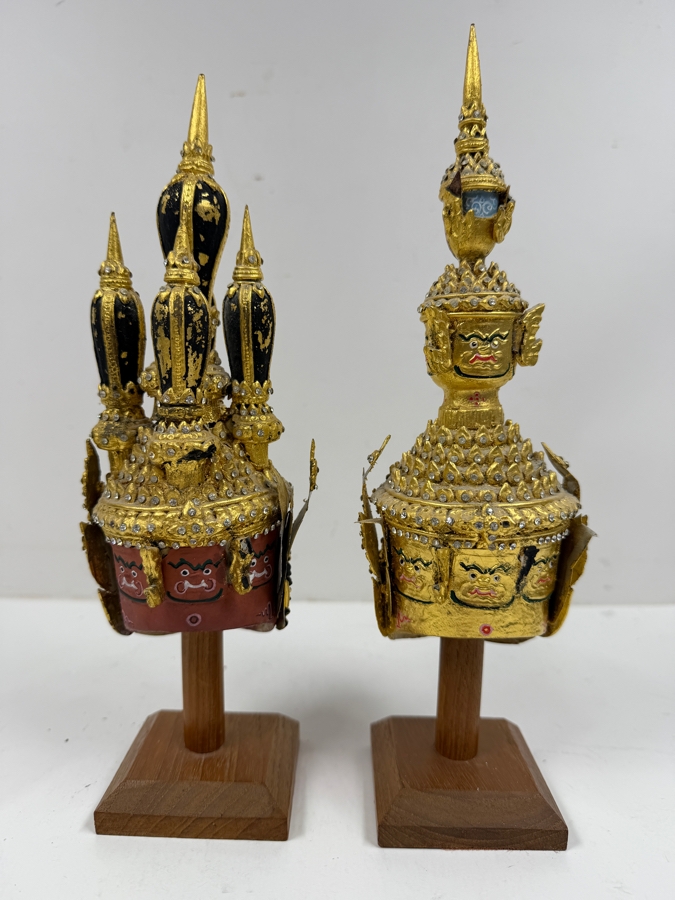 Pair Of Ornate Small Traditional Thai Khon Masks Featuring Jeweled Crowns And Fangs Mounted On Wooden Display Stands 10'H [Photo 12]