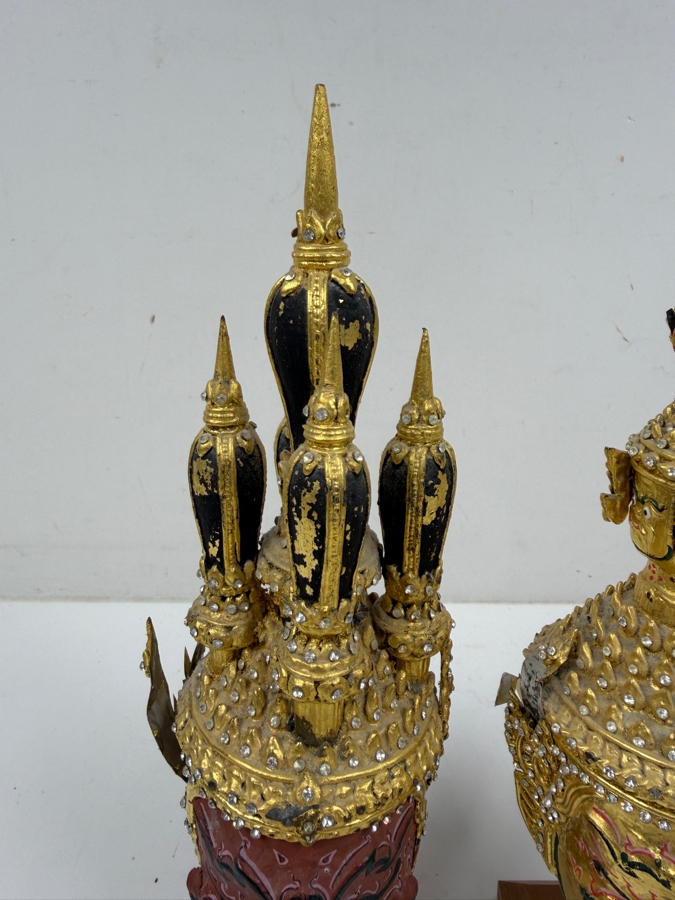 Pair Of Ornate Small Traditional Thai Khon Masks Featuring Jeweled Crowns And Fangs Mounted On Wooden Display Stands 10'H [Photo 5]