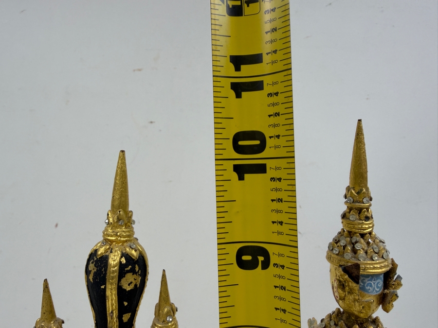 Pair Of Ornate Small Traditional Thai Khon Masks Featuring Jeweled Crowns And Fangs Mounted On Wooden Display Stands 10'H [Photo 13]