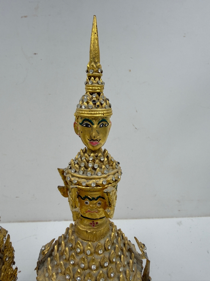 Pair Of Ornate Small Traditional Thai Khon Masks Featuring Jeweled Crowns And Fangs Mounted On Wooden Display Stands 10'H [Photo 3]