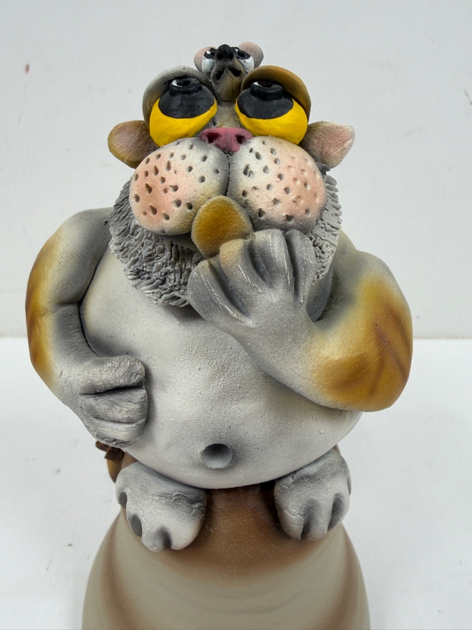 Vintage Todd J. Warner Signed Ceramic Cat With Mouse On Head Figural Pottery Bell Sculpture 7.5'H [Photo 2]