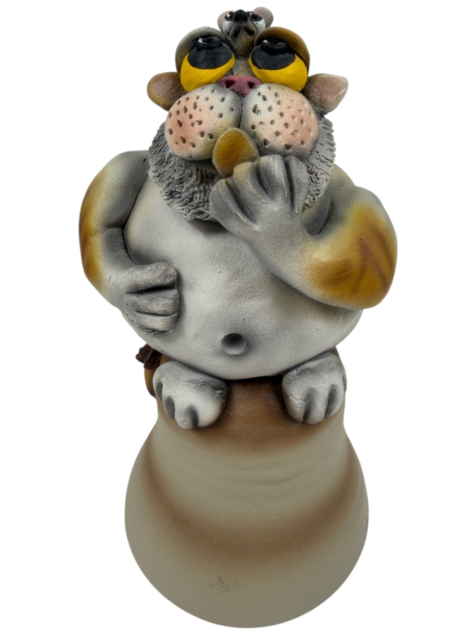 Vintage Todd J. Warner Signed Ceramic Cat With Mouse On Head Figural Pottery Bell Sculpture 7.5'H