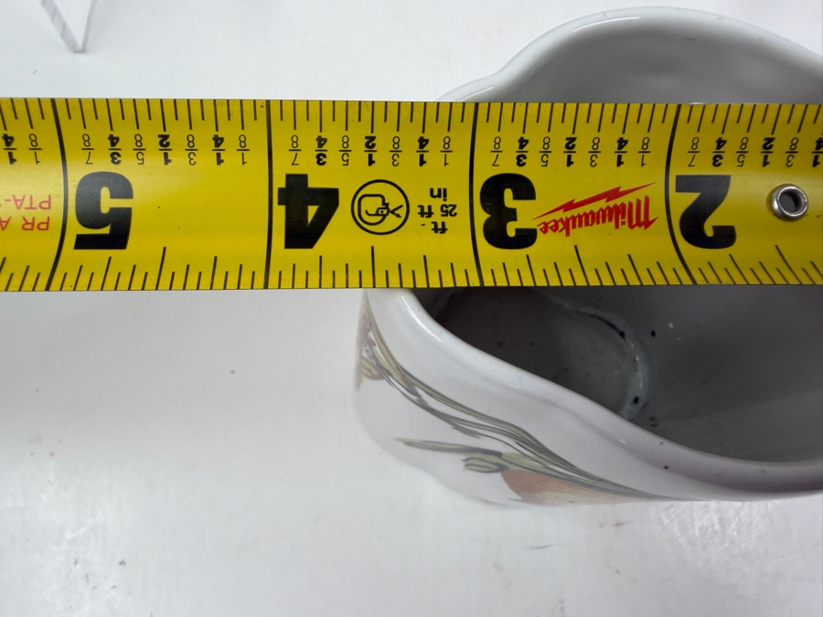 Chinese White Porcelain Lobed Brush Pot With Hand Painted Peach Motif Red Seals And Blue Square Base Mark 3.5'W X 4.25'H [Photo 8]