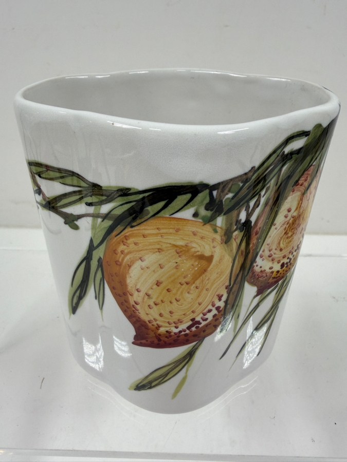 Chinese White Porcelain Lobed Brush Pot With Hand Painted Peach Motif Red Seals And Blue Square Base Mark 3.5'W X 4.25'H [Photo 5]