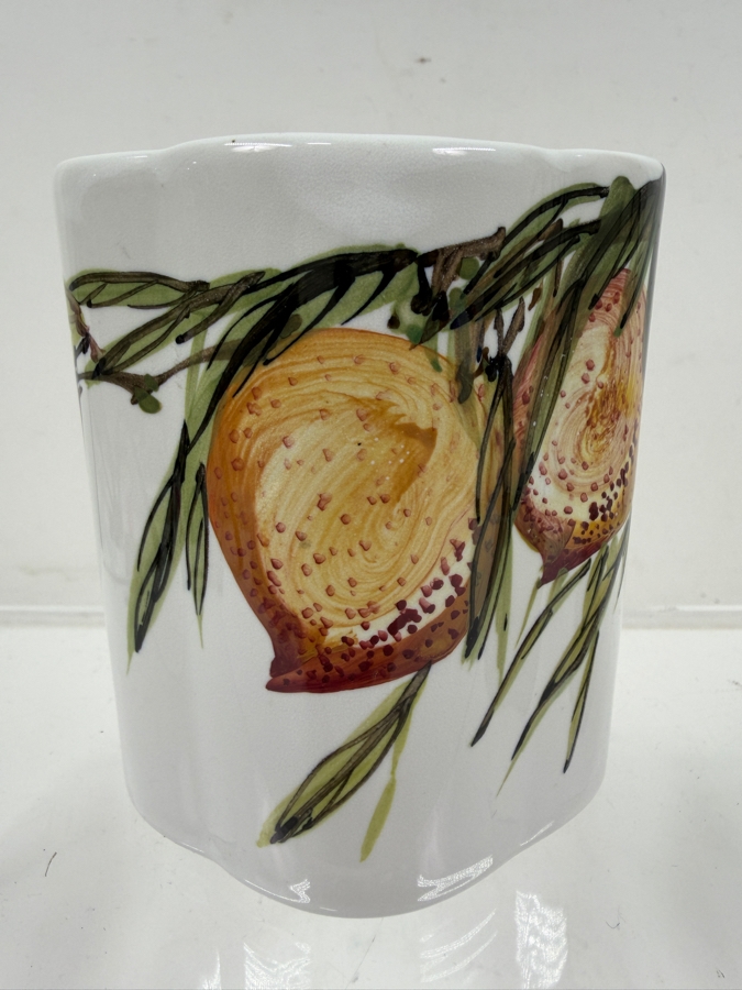 Chinese White Porcelain Lobed Brush Pot With Hand Painted Peach Motif Red Seals And Blue Square Base Mark 3.5'W X 4.25'H [Photo 4]