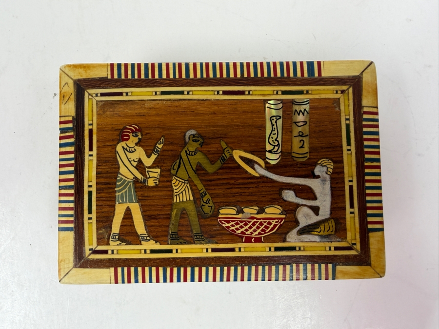 Vintage Egyptian Wooden Trinket Or Jewelry Box Featuring Intricate Handcrafted Marquetry And Inlays 5'W X 3.5'D X 2'H [Photo 2]