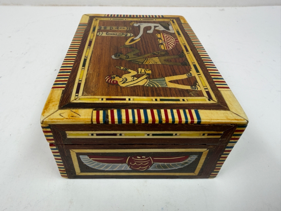 Vintage Egyptian Wooden Trinket Or Jewelry Box Featuring Intricate Handcrafted Marquetry And Inlays 5'W X 3.5'D X 2'H [Photo 3]