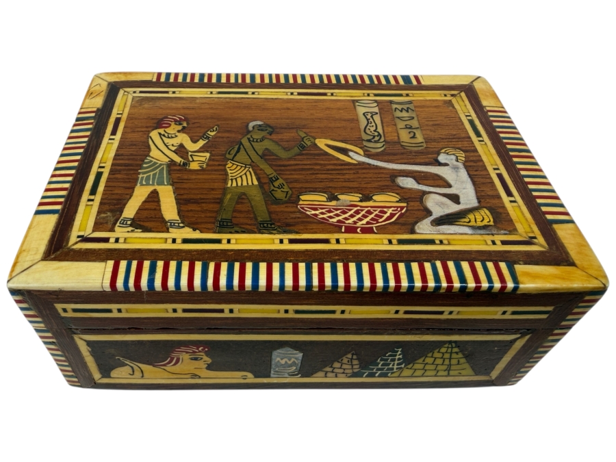 Vintage Egyptian Wooden Trinket Or Jewelry Box Featuring Intricate Handcrafted Marquetry And Inlays 5'W X 3.5'D X 2'H