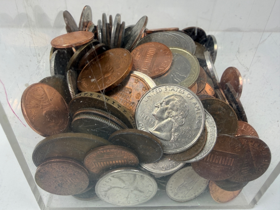Container Filled With Various US And Foreign Coins - whiteout shot is off