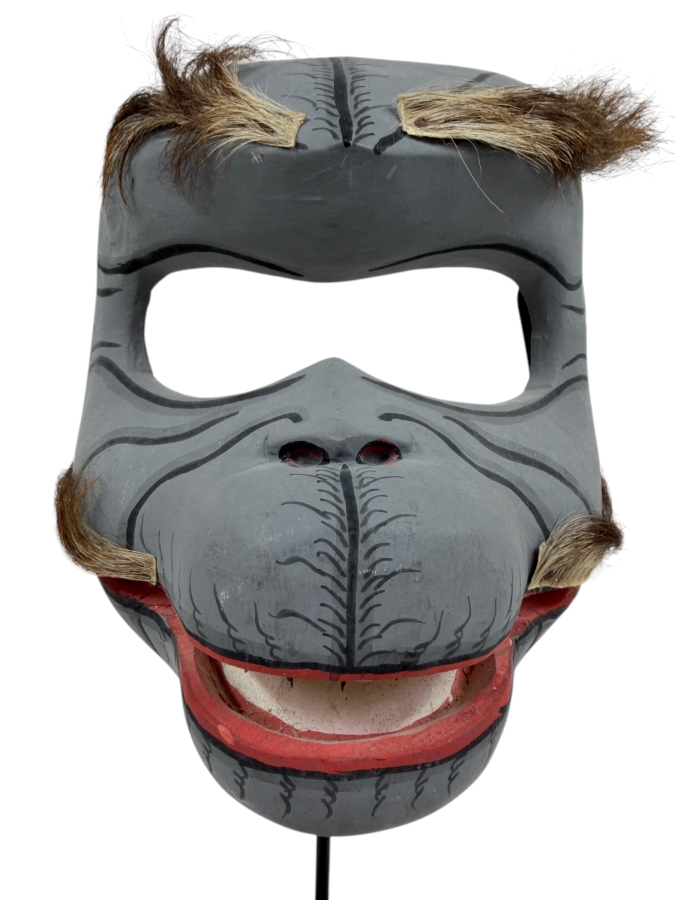 Vintage Hand Crafted Balinese Tribal Ape Mask On Stand 5.5'W X 12'H