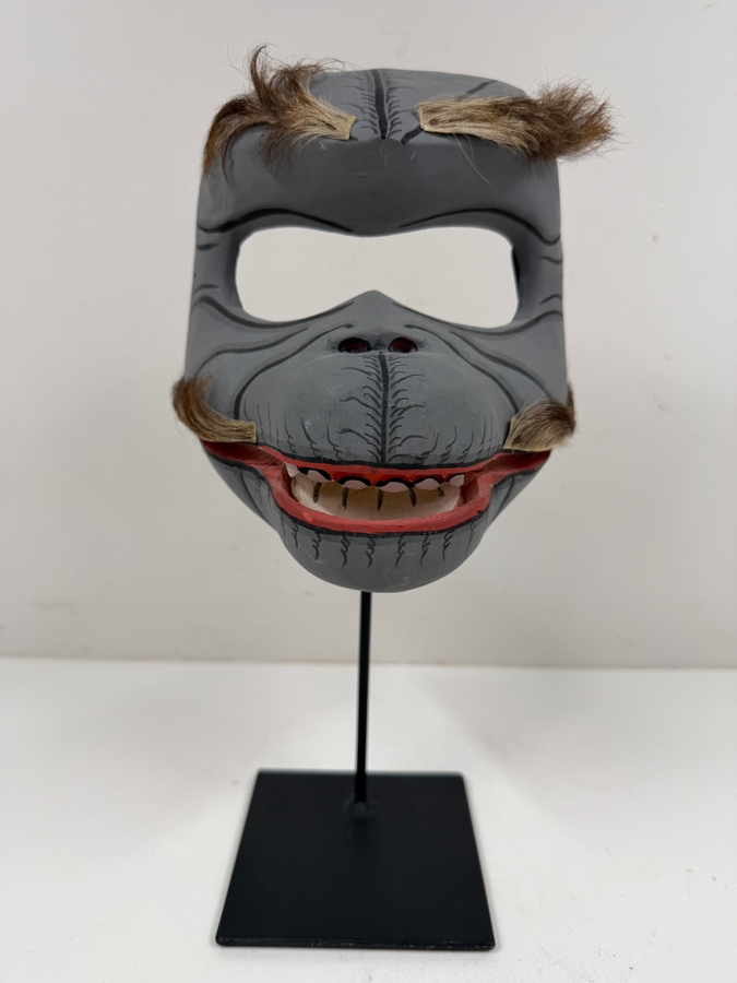 Vintage Hand Crafted Balinese Tribal Ape Mask On Stand 5.5'W X 12'H [Photo 2]