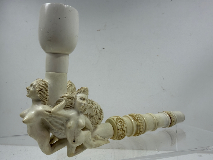 Vintage Hand Carved Meerschaum Pipe Featuring Sculpted Nude Female Figures And Intricately Detailed Stem 9'L [Photo 2]