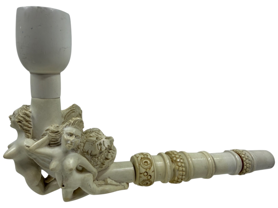 Vintage Hand Carved Meerschaum Pipe Featuring Sculpted Nude Female Figures And Intricately Detailed Stem 9'L