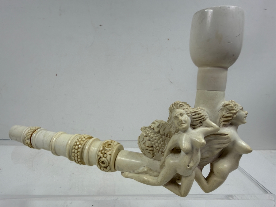 Vintage Hand Carved Meerschaum Pipe Featuring Sculpted Nude Female Figures And Intricately Detailed Stem 9'L [Photo 4]