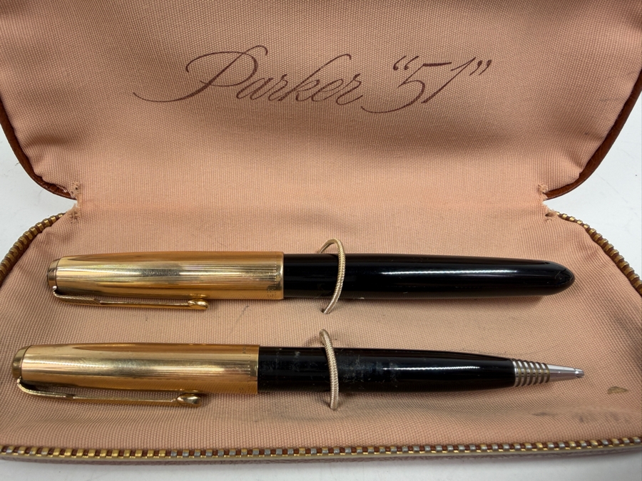 Vintage Parker 51 Black Fountain Pen And Mechanical Pencil Set With Gold Filled Caps In Original Brown Zipper Case [Photo 2]