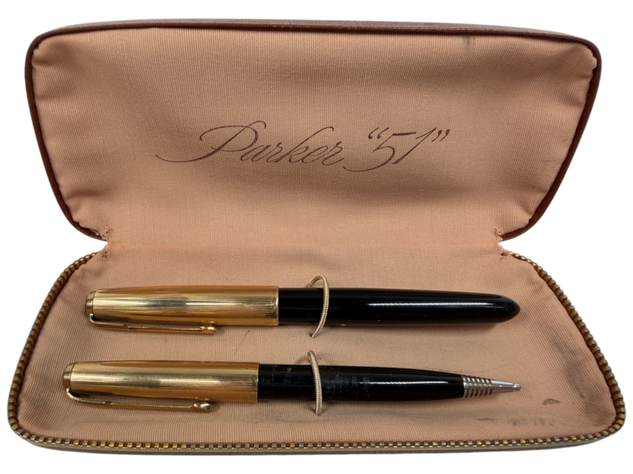 Vintage Parker 51 Black Fountain Pen And Mechanical Pencil Set With Gold Filled Caps In Original Brown Zipper Case