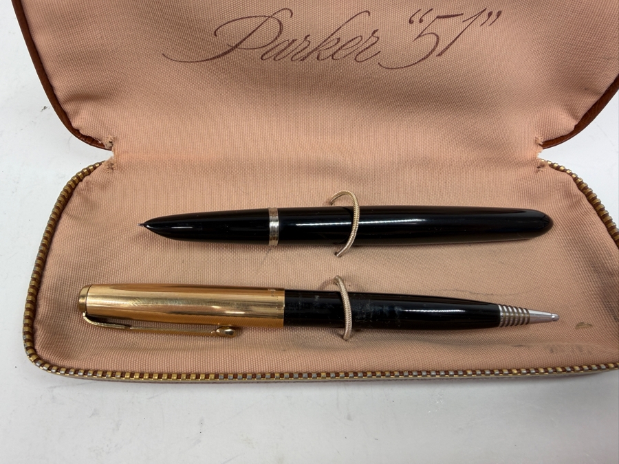 Vintage Parker 51 Black Fountain Pen And Mechanical Pencil Set With Gold Filled Caps In Original Brown Zipper Case [Photo 3]