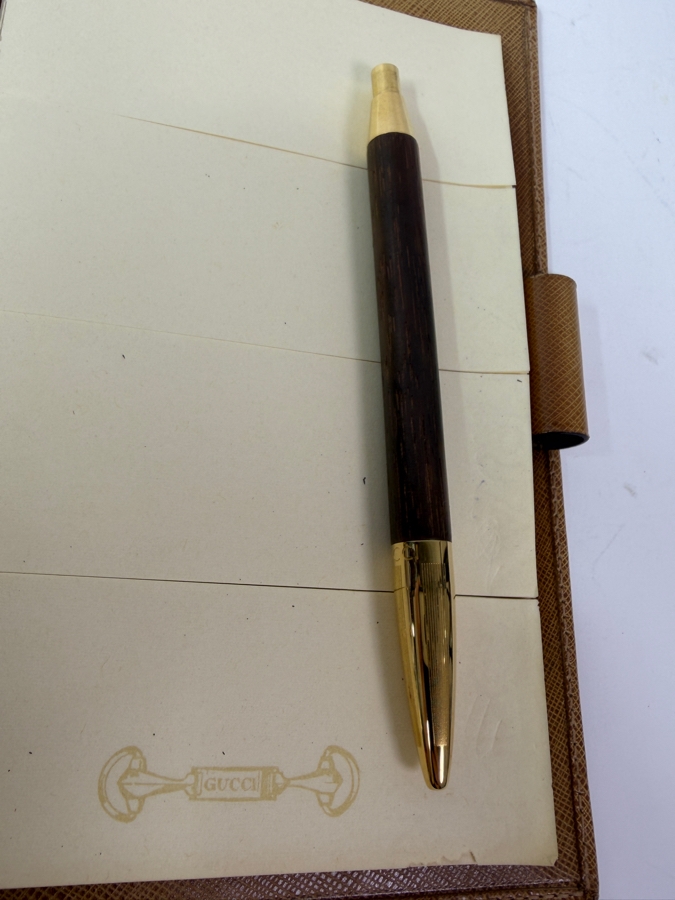 Authentic Vintage Gucci Tan Textured Leather Six Ring Agenda Planner With Gold-Tone Metal Corners, Notepad And Pen 6'W X 7.75'H [Photo 8]