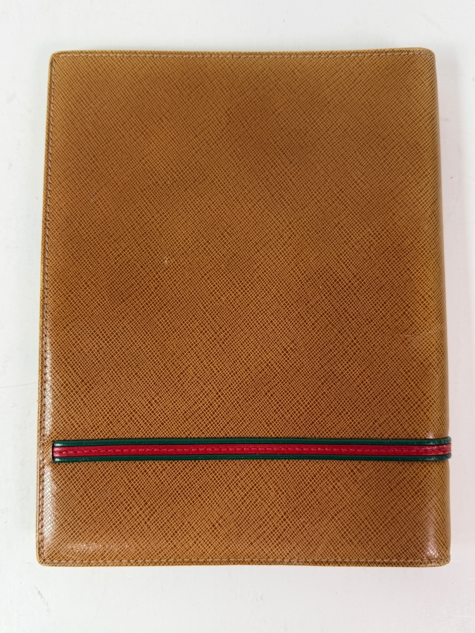 Authentic Vintage Gucci Tan Textured Leather Six Ring Agenda Planner With Gold-Tone Metal Corners, Notepad And Pen 6'W X 7.75'H [Photo 9]