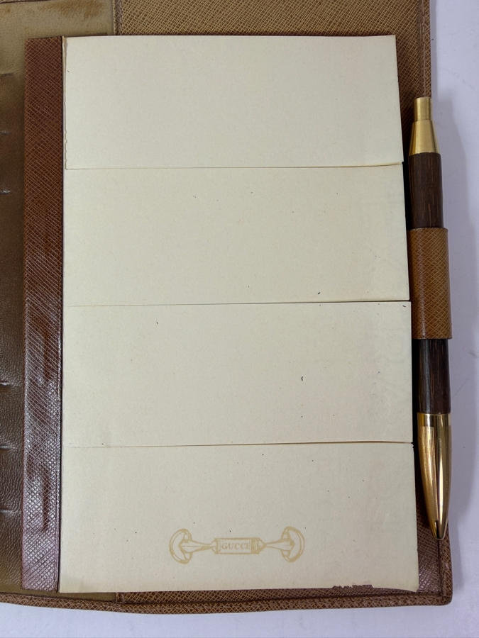 Authentic Vintage Gucci Tan Textured Leather Six Ring Agenda Planner With Gold-Tone Metal Corners, Notepad And Pen 6'W X 7.75'H [Photo 4]