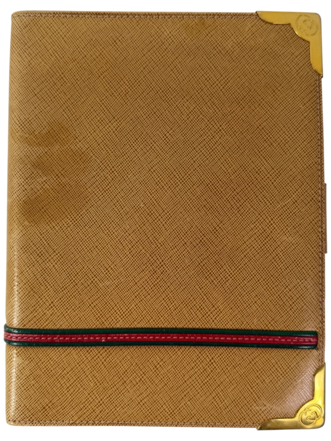 Authentic Vintage Gucci Tan Textured Leather Six Ring Agenda Planner With Gold-Tone Metal Corners, Notepad And Pen 6'W X 7.75'H
