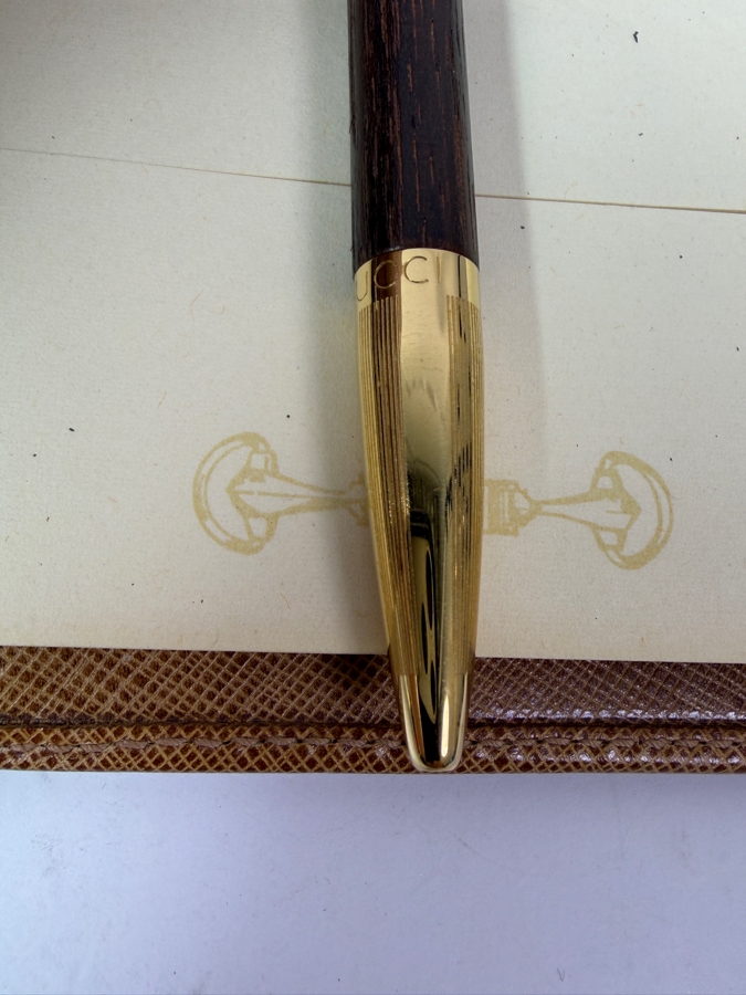 Authentic Vintage Gucci Tan Textured Leather Six Ring Agenda Planner With Gold-Tone Metal Corners, Notepad And Pen 6'W X 7.75'H [Photo 6]