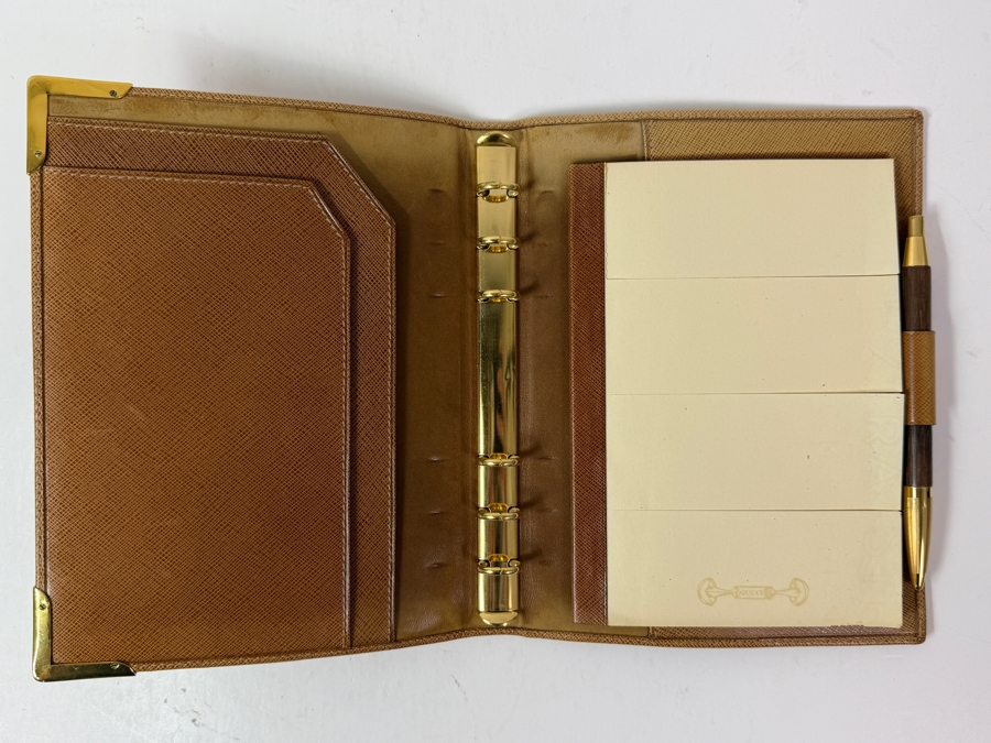 Authentic Vintage Gucci Tan Textured Leather Six Ring Agenda Planner With Gold-Tone Metal Corners, Notepad And Pen 6'W X 7.75'H [Photo 3]