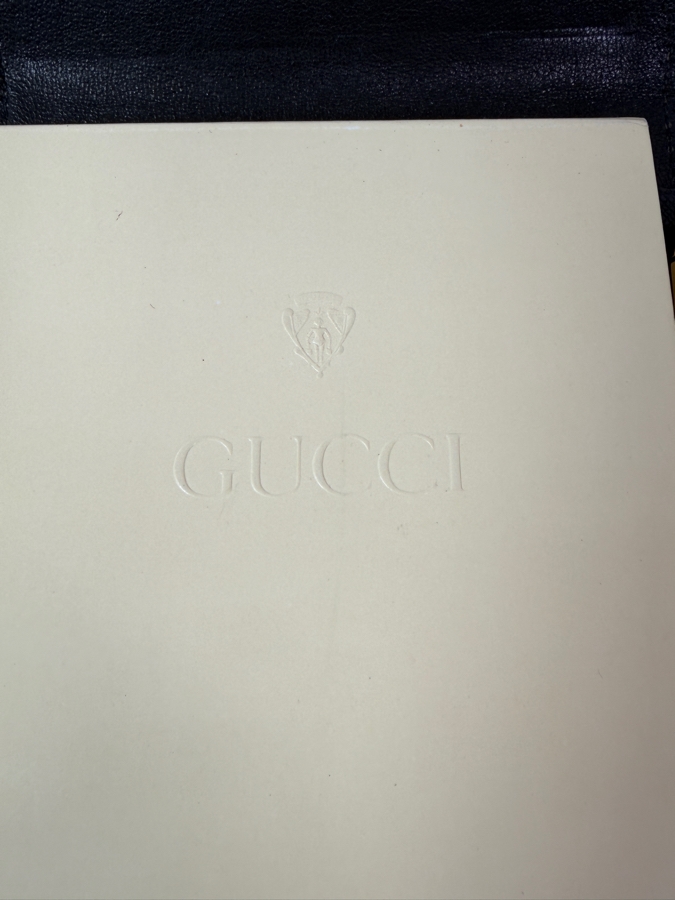 Vintage Authentic Gucci Black Textured Leather Notepad Holder Cover With Gold Horsebit Hardware Includes Original Web Stripe Pad And Gold Pen 4.5'W X 6.5'H [Photo 4]