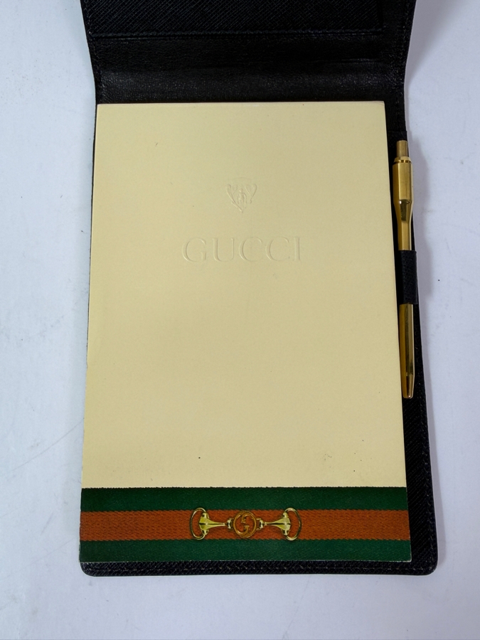 Vintage Authentic Gucci Black Textured Leather Notepad Holder Cover With Gold Horsebit Hardware Includes Original Web Stripe Pad And Gold Pen 4.5'W X 6.5'H [Photo 2]