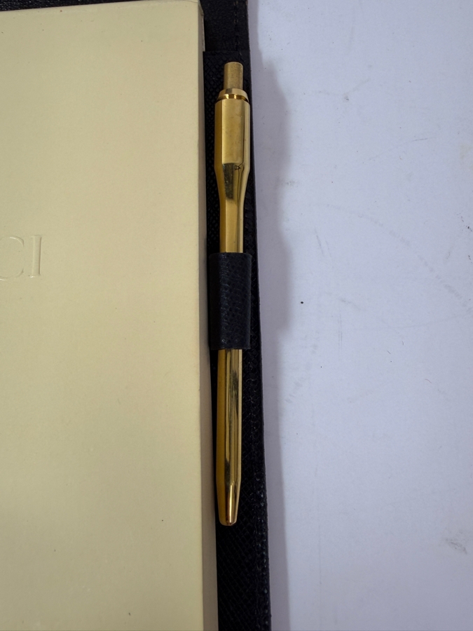 Vintage Authentic Gucci Black Textured Leather Notepad Holder Cover With Gold Horsebit Hardware Includes Original Web Stripe Pad And Gold Pen 4.5'W X 6.5'H [Photo 5]