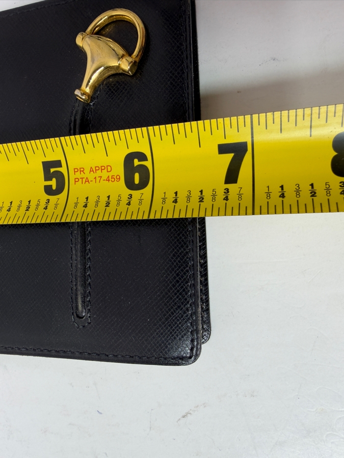 Vintage Authentic Gucci Black Textured Leather Notepad Holder Cover With Gold Horsebit Hardware Includes Original Web Stripe Pad And Gold Pen 4.5'W X 6.5'H [Photo 8]