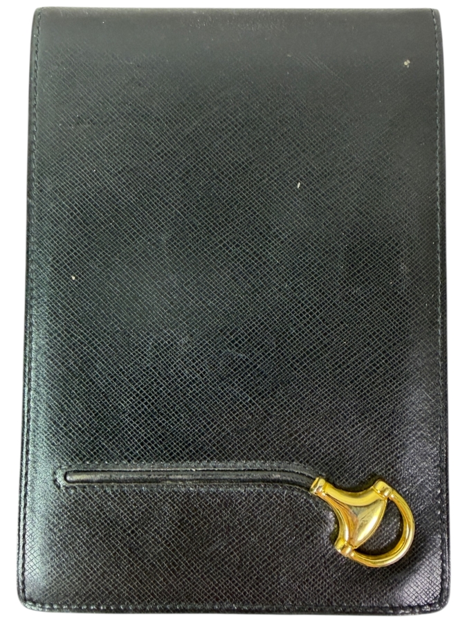 Vintage Authentic Gucci Black Textured Leather Notepad Holder Cover With Gold Horsebit Hardware Includes Original Web Stripe Pad And Gold Pen 4.5'W X 6.5'H