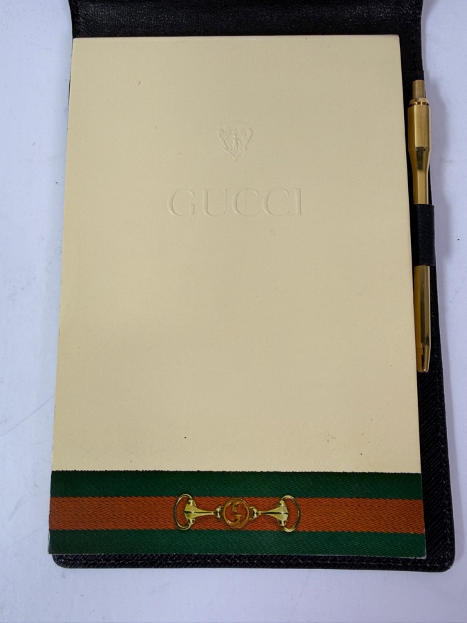 Vintage Authentic Gucci Black Textured Leather Notepad Holder Cover With Gold Horsebit Hardware Includes Original Web Stripe Pad And Gold Pen 4.5'W X 6.5'H [Photo 3]