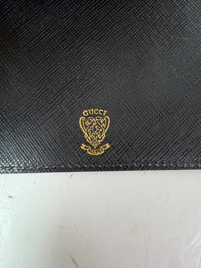 Vintage Authentic Gucci Black Textured Leather Notepad Holder Cover With Gold Horsebit Hardware Includes Original Web Stripe Pad And Gold Pen 4.5'W X 6.5'H [Photo 6]
