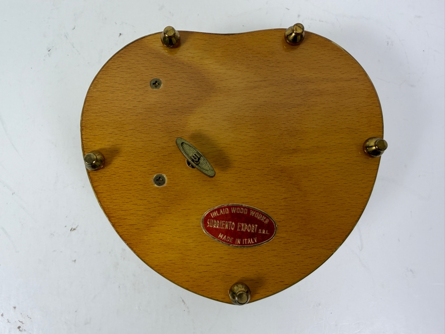 Surriento Export Heart Shaped Floral Inlaid Wood Music Box With Red Velvet Lining And Wind Up Mechanism Made In Italy 6'W X 5'D X 2.5'H [Photo 5]